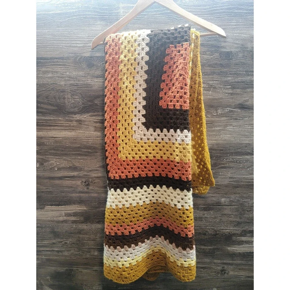 Vintage Crochet Afghan 38x36”  GRANNY SQUARE Sofa Throw Blanket USA Handmade